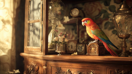 A vibrant parrot perched among antique treasures and vintage decor inside a charming curio cabinetの素材