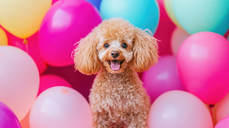 A cute poodle surrounded by colorful balloons, set in a vibrant pink environment. A joyful scene ideal for party-themed designs or greeting cards.の素材