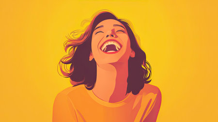 A playful flat vector illustration of a woman laughing out loud, her expression joyful and her pose animated,の素材
