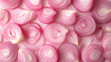 A beautiful pattern of sliced pink onions, carefully arranged within a frame on a plain background,の素材