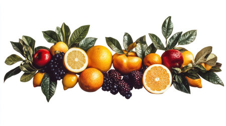 A fresh, colorful arrangement of fruits with their leaves, neatly isolated on a white background for a modern look.の素材