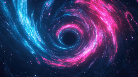 A dynamic cosmic background featuring a black hole with spinning pink and blue neon lines, creating a vibrant vortex in spaceの素材