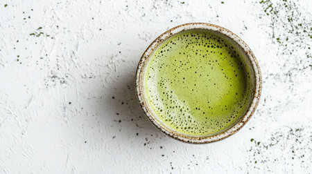 Top-down view of a vibrant matcha green tea cup on a white surface, highlighting the rich color and frothy texture of the beverage. Perfect for promoting health, wellness, or tea cultureの素材