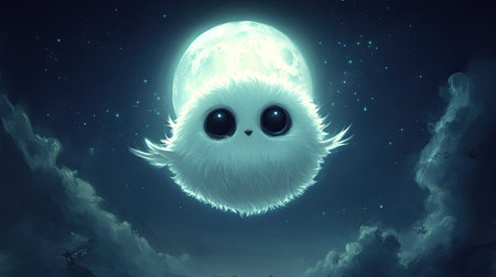 A round, fluffy creature with big eyes and little wings, hovering in front of a bright full moon on a dark, starry night.の素材