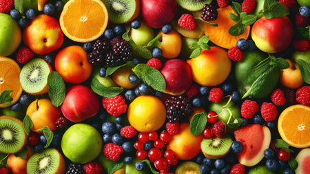 A seamless background of fresh fruits, vegetables, and berries,の素材