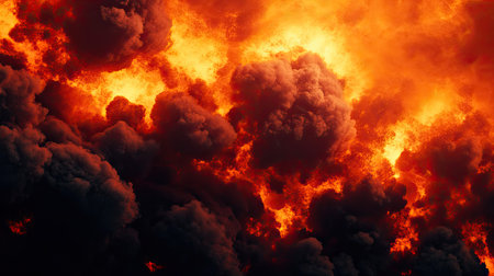 A Halloween background with intense lava explosions, fiery orange and red tones, and billowing black smoke,の素材