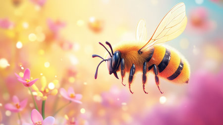 A whimsical illustration of a bee buzzing around, highlighting its fun and lively personality in a cheerful, vibrant background.の素材