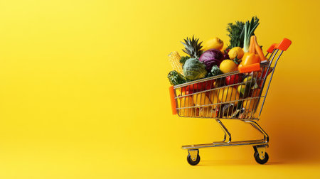 A full shopping cart brimming with groceries, set on a bright yellow backdrop with ample space for copy,の素材