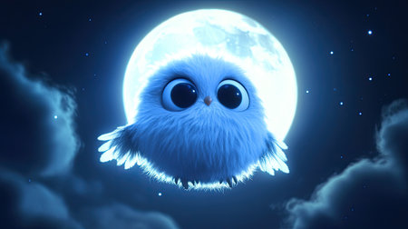 A round, fluffy creature with big eyes and little wings, hovering in front of a bright full moon on a dark, starry night.の素材