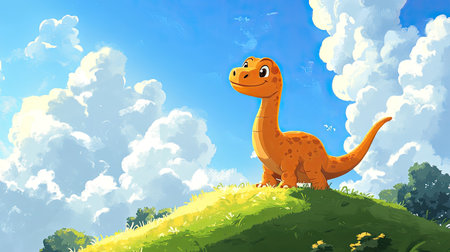 A friendly, cartoon dinosaur with a big head and little legs,の素材