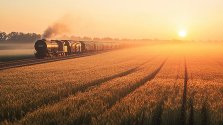 A serene vista of a train transporting grain through a lush wheat field,の素材