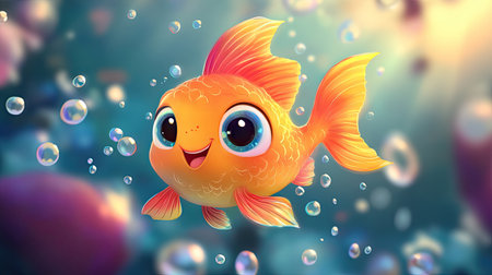 A happy, chubby cartoon fish with big eyes and colorful scales, swimming through a sea of bubbles in a bright underwater world.の素材