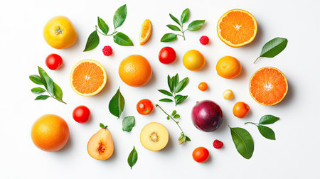 A fresh and vibrant composition of various fruits with leaves, isolated on a white background, perfect for clean and modern designs.の素材
