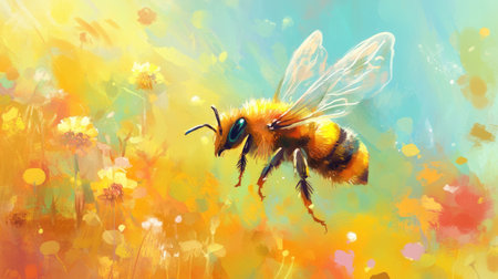 A whimsical illustration of a bee buzzing around, highlighting its fun and lively personality in a cheerful, vibrant background.の素材