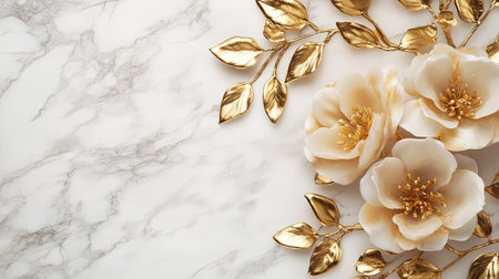 Gold floral designs elegantly gracing a white marble surface, offering a sophisticated and exclusive look for wedding themesの素材