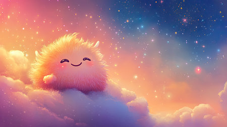 A fluffy, round creature with a big smile and little wings, sitting on a cloud in a pastel sky filled with twinkling starsの素材