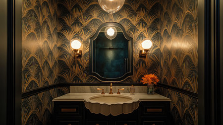 A glamorous Art Deco powder room featuring geometric patterned wallpaper, a scalloped vanity,の素材