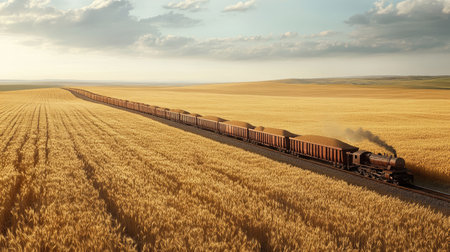 A peaceful landscape with a train carrying a heavy load of grain through a vast field of wheat,の素材