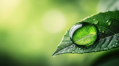 A water droplet on a green leaf, captured in stunning detail,の素材