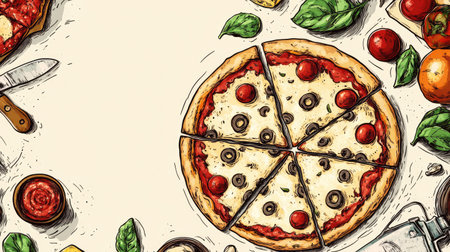 A vintage hand-drawn top view of Italian pizza surrounded by ingredients, creating a perfect frame for menu designsの素材