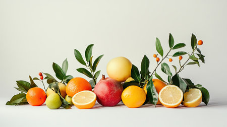 An elegant composition of fruits with green leaves, standing out against a white background, ideal for fresh and clean visual contentの素材