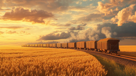 A tranquil scene of a train pulling a long line of cargo cars filled with grain through a golden wheat field,の素材