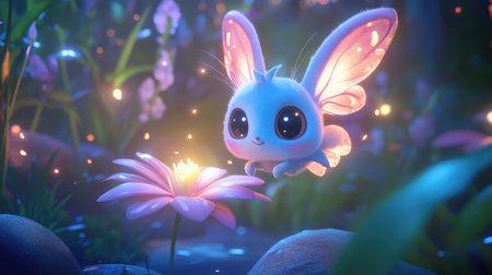 A tiny, adorable cartoon creature with big eyes and little wings, flying around a glowing flower in a magical garden.の素材