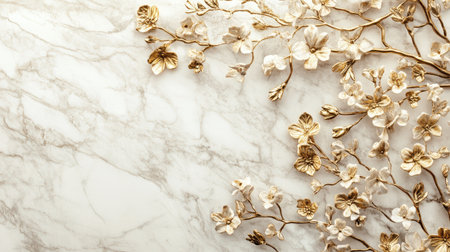 Gold floral elements artfully placed on a white marble background, creating a refined and exclusive wedding designの素材