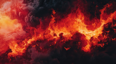 An inferno-themed Halloween banner featuring lava explosions, red and orange flames, and black smokeの素材