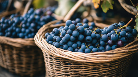 Closeup of freshly picked wine grapes nestled in woven baskets, showcasing the rich colors and textures of the fruitの素材