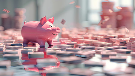 2025 financial planning concept with a fat pig piggy bank on a white background. Abstract floor covered in money stacks, highlighting savings and investment goals.の素材