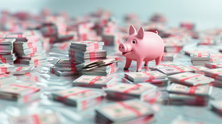 2025 financial planning concept with a fat pig piggy bank on a white background. Abstract floor covered in money stacks, highlighting savings and investment goals.の素材