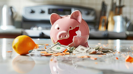 A broken piggy bank on a kitchen counter with money spilling out, symbolizing the use of an emergency fund, isolated in a home settingの素材