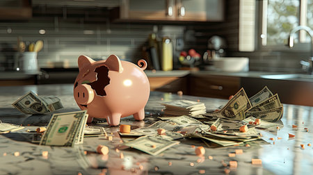 Kitchen counter with a shattered piggy bank and scattered money, illustrating the usage of emergency funds in a crisis.の素材