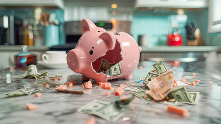 Emergency fund usage concept: Broken piggy bank on a kitchen counter with money scattered around.の素材