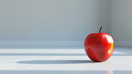 A single red apple stands out, spilled on a pristine white floor, capturing attention with its vibrant color against the minimalist background.の素材