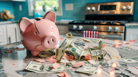 Broken piggy bank on a kitchen counter with cash spilling out, symbolizing financial emergencies and unexpected expenses.の素材