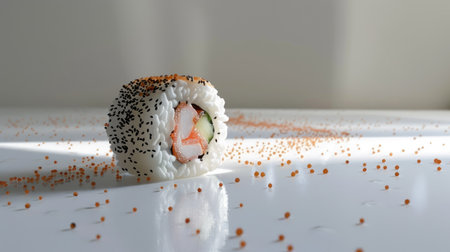 A single sushi roll stands out, spilled on the white floor, its intricate details and colors creating a visually appealing contrast.の素材
