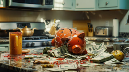 Kitchen counter scene with a broken piggy bank and money spilling out, symbolizing the need for an emergency fund.の素材
