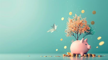 Solid teal background featuring a pink piggy bank with trees and gold coins emerging from the slots, representing eco-friendly financial growth.の素材