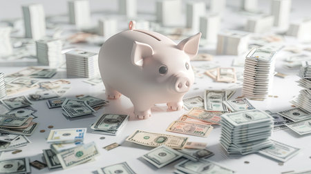 White background with a fat pig piggy bank and scattered money stacks on an abstract floor, highlighting financial planning and savings goals for 2025.の素材