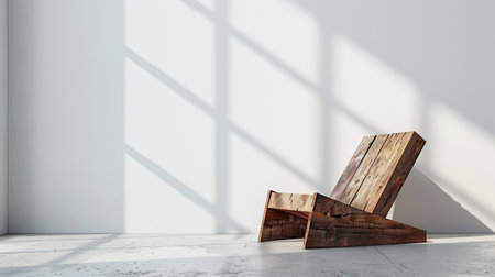 A toppled wooden chair positioned awkwardly in the corner of a room with an abstract white background.の素材