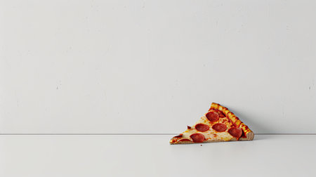 One slice of pepperoni pizza stands out, spilled on the white floor, emphasizing the contrast and capturing the eye in a minimalist setting.の素材
