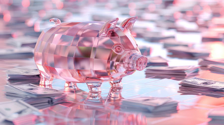 Piggy bank in the shape of a fat pig on a white background. Stacks of money scattered on the abstract floor, symbolizing financial planning for 2025.の素材