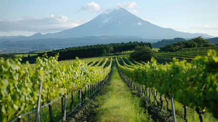 A thriving vineyard with rows of grapes ready for harvest, set against the breathtaking view of Mount Fuji.の素材