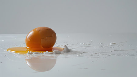 A lone egg, cracked and spilled on the white floor, creating an interesting and messy focal point.の素材