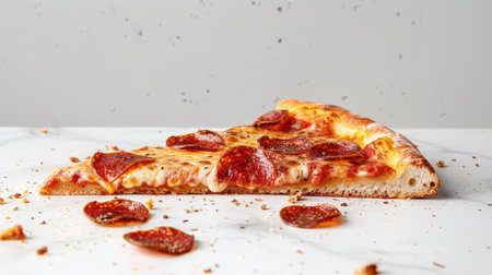 One slice of pepperoni pizza stands out, spilled on the white floor, emphasizing the contrast and capturing the eye in a minimalist setting.の素材