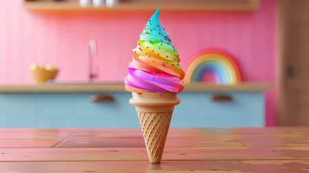 A playful 3D illustration of rainbow ice cream in a colorful waffle cone, with rainbow sprinkles on top.の素材