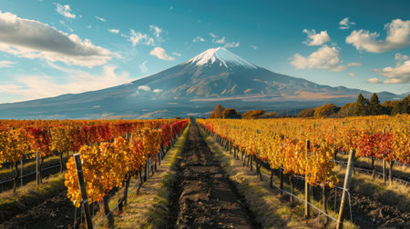 A vineyard during harvest season, rows of vines bursting with grapes, with the iconic Mount Fuji dominating the background.の素材