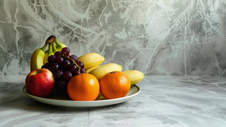 A plate of fruit set at a right angle, with an abstract white background enhancing the visual appeal of the composition.の素材